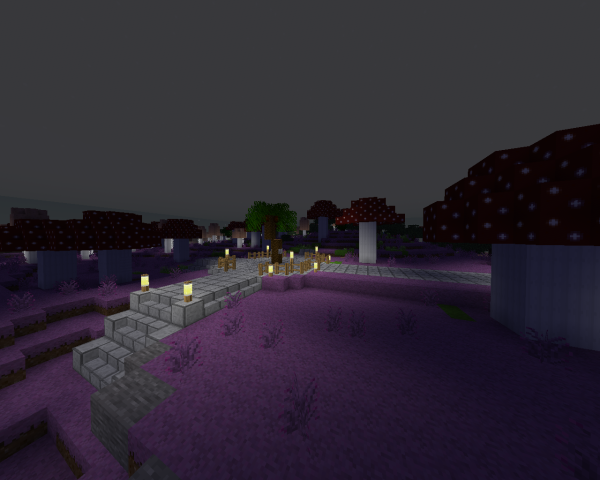 Le spawn du serveur, dans son biome de champignons violets
